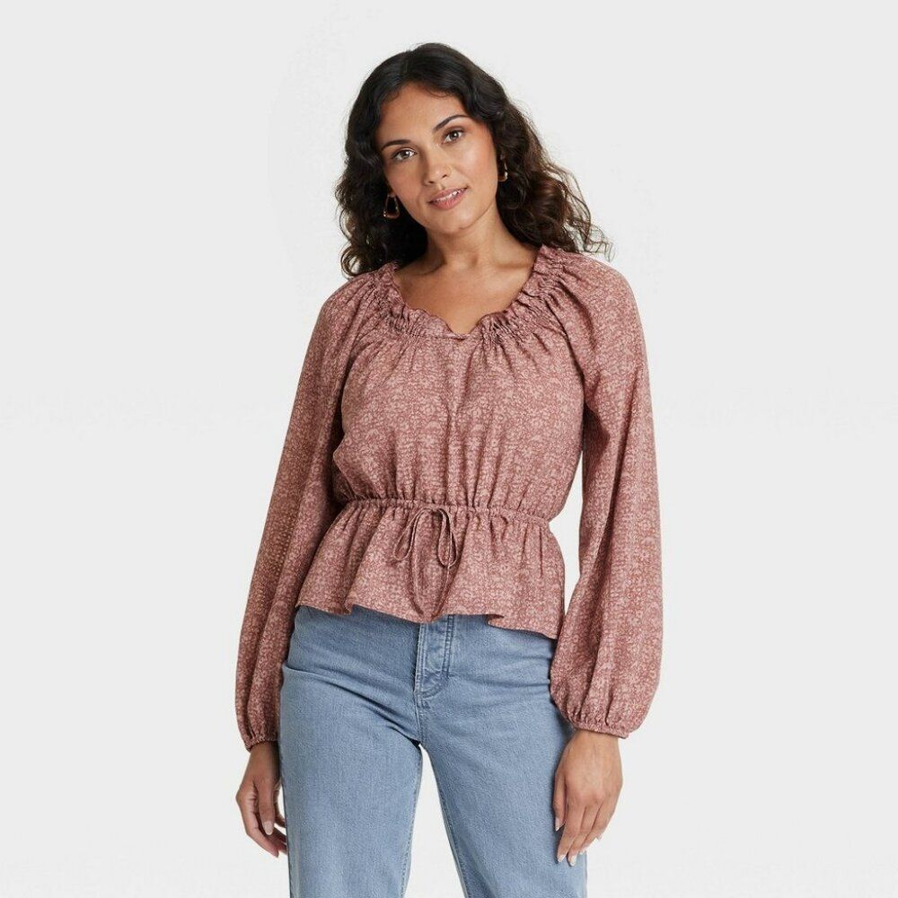Women's Balloon Long Sleeve Blouse - Universal Thread™ Mauve Floral S